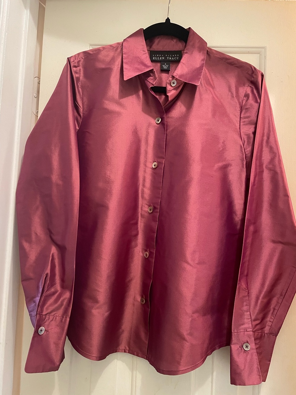Linda Allard Ellen Tracy 100% Silk Dupioni Button Down Blouse 4 Iridescent Rose